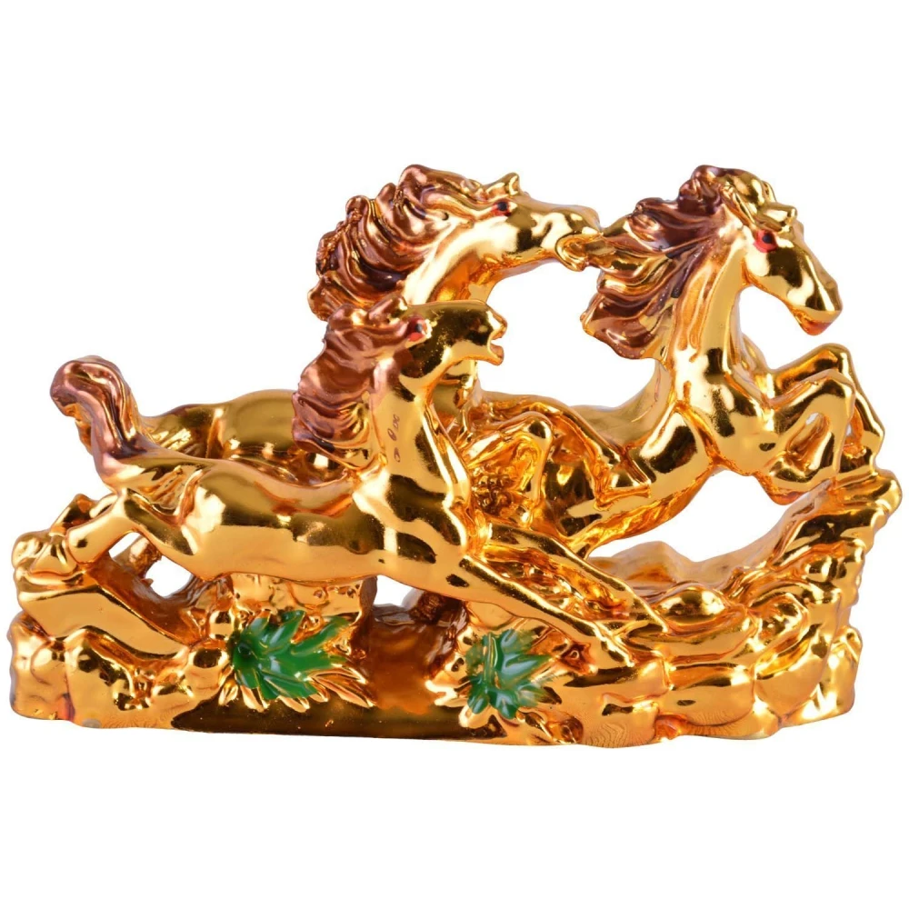 FengShui Golden Three Horse Statue Figurine Home Office Decoration for Good Luck .