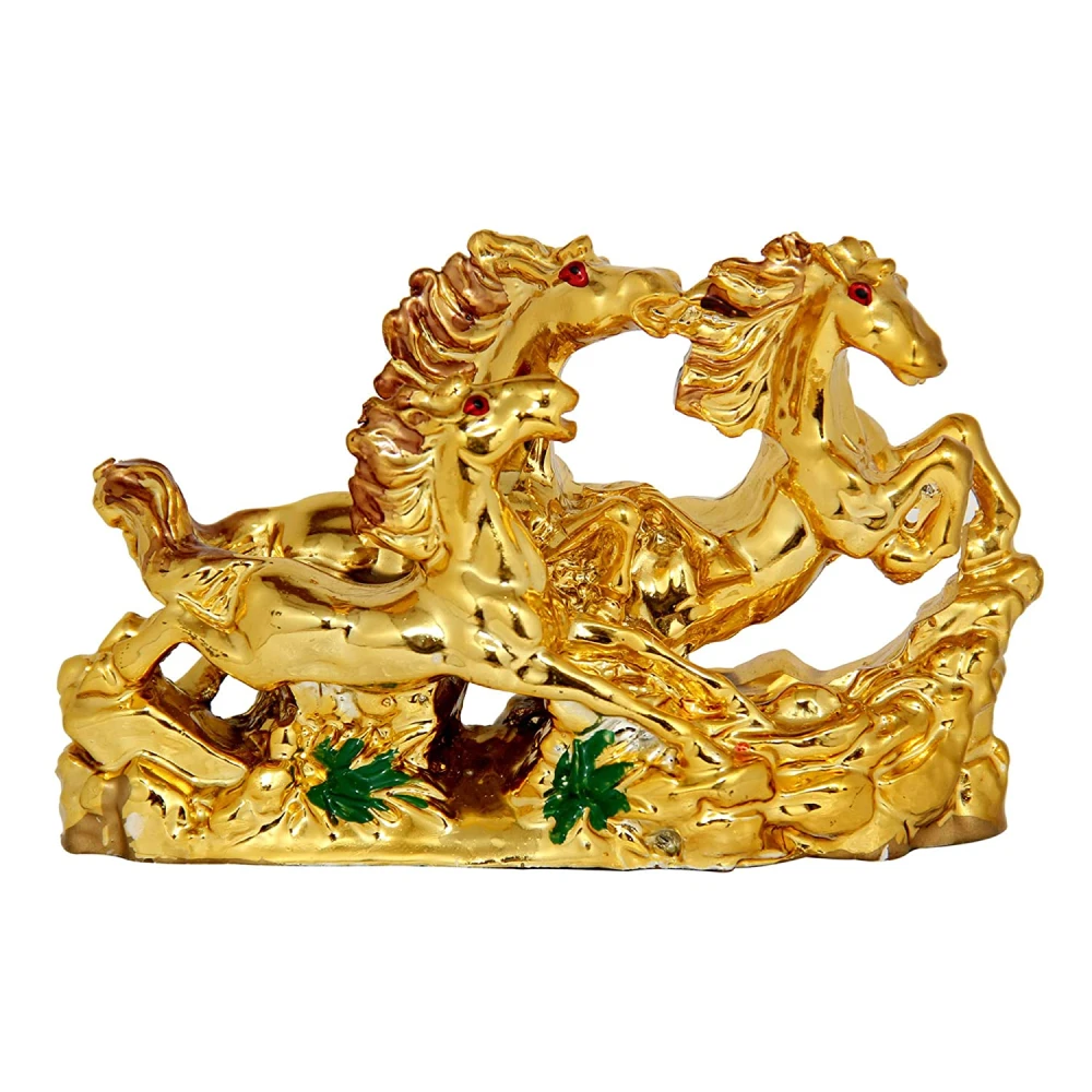 FengShui Golden Three Horse Statue Figurine Home Office Decoration for Good Luck .