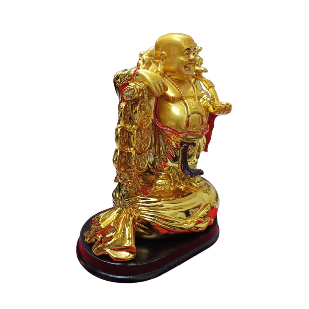 Golden Laughing Buddha on Sack of Gold for good luck. Decorative Showpiece ( 14 x 9 x 18 Cm, Gold).