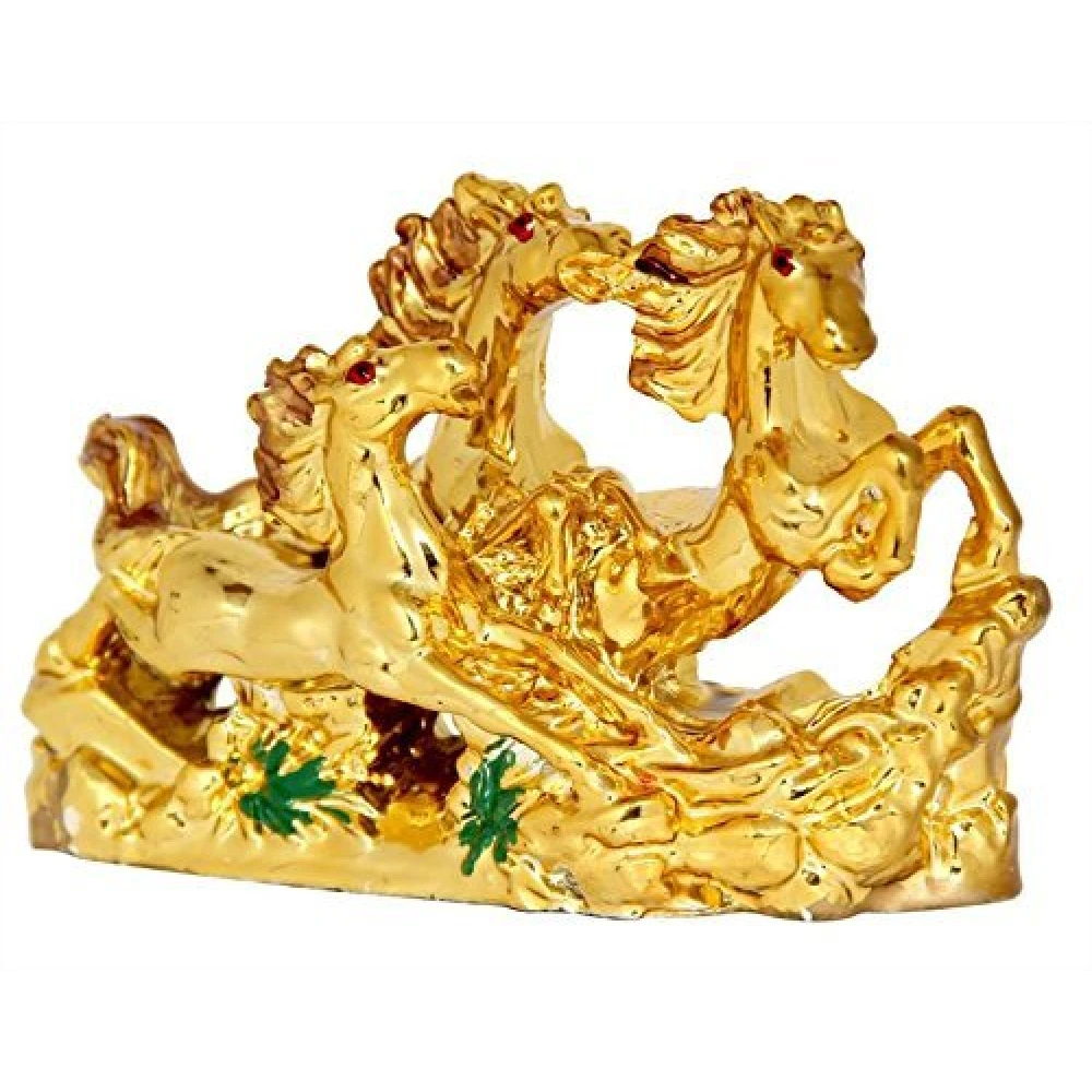 FengShui Golden Three Horse Statue Figurine Home Office Decoration for Good Luck .