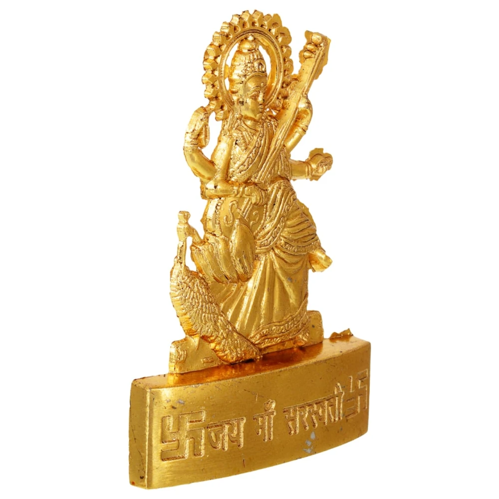 Golden Plated Goddess Saraswati Idol Statue Items Showpiece and Lord of Wealth for Temple and Home Décor (5 x 1 x 7 CM) Golden.