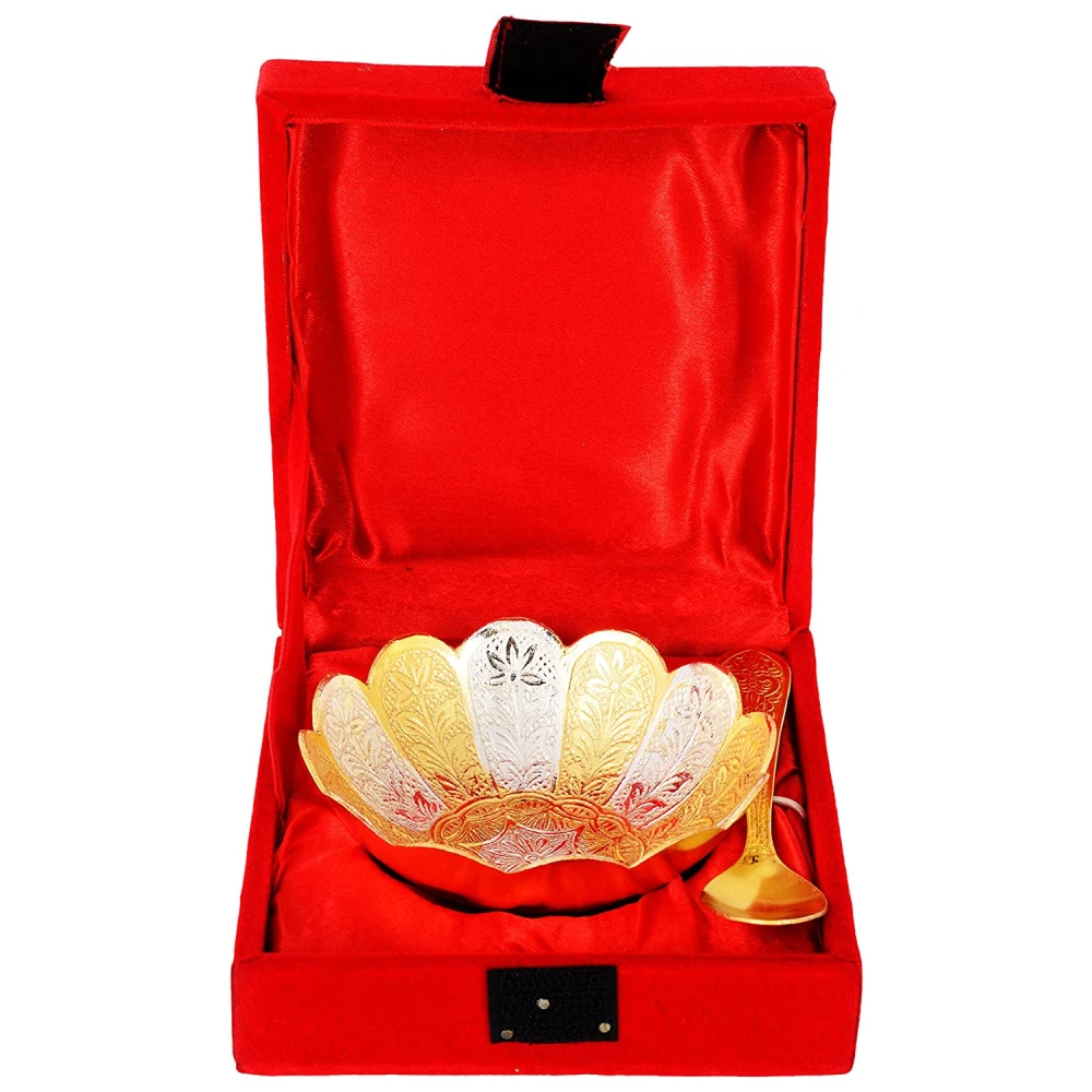 Engraved Zinc Bowl with Spoon Set (11 cm x 11 cm x 4 cm, Golden, Pack of 2.