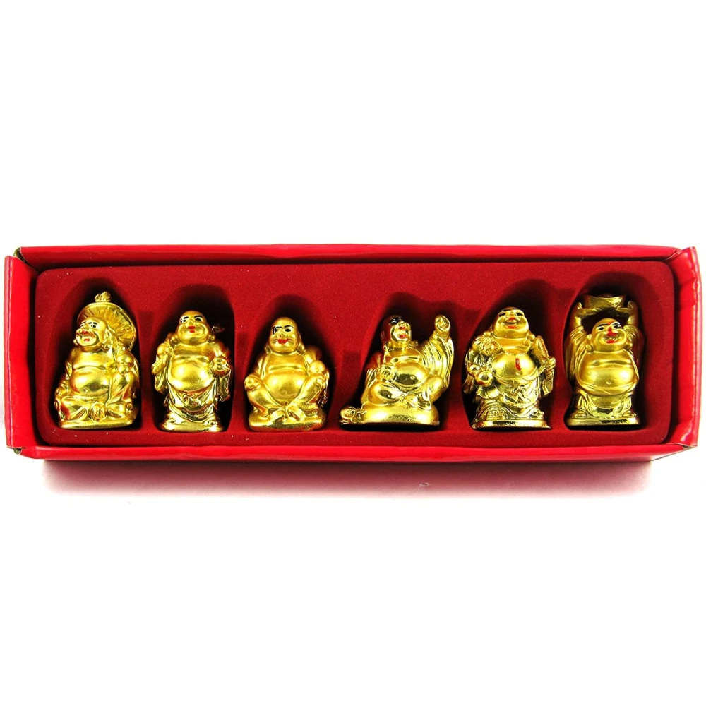 Polyresin Golden Laughing Buddha Set Of Six Pieces  Statue For Happiness.