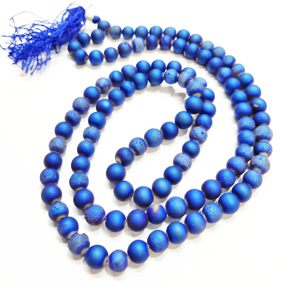 Blue Druzy 8 MM Prayer Rosary 108+1 Beads Jap Mala For Meditation.