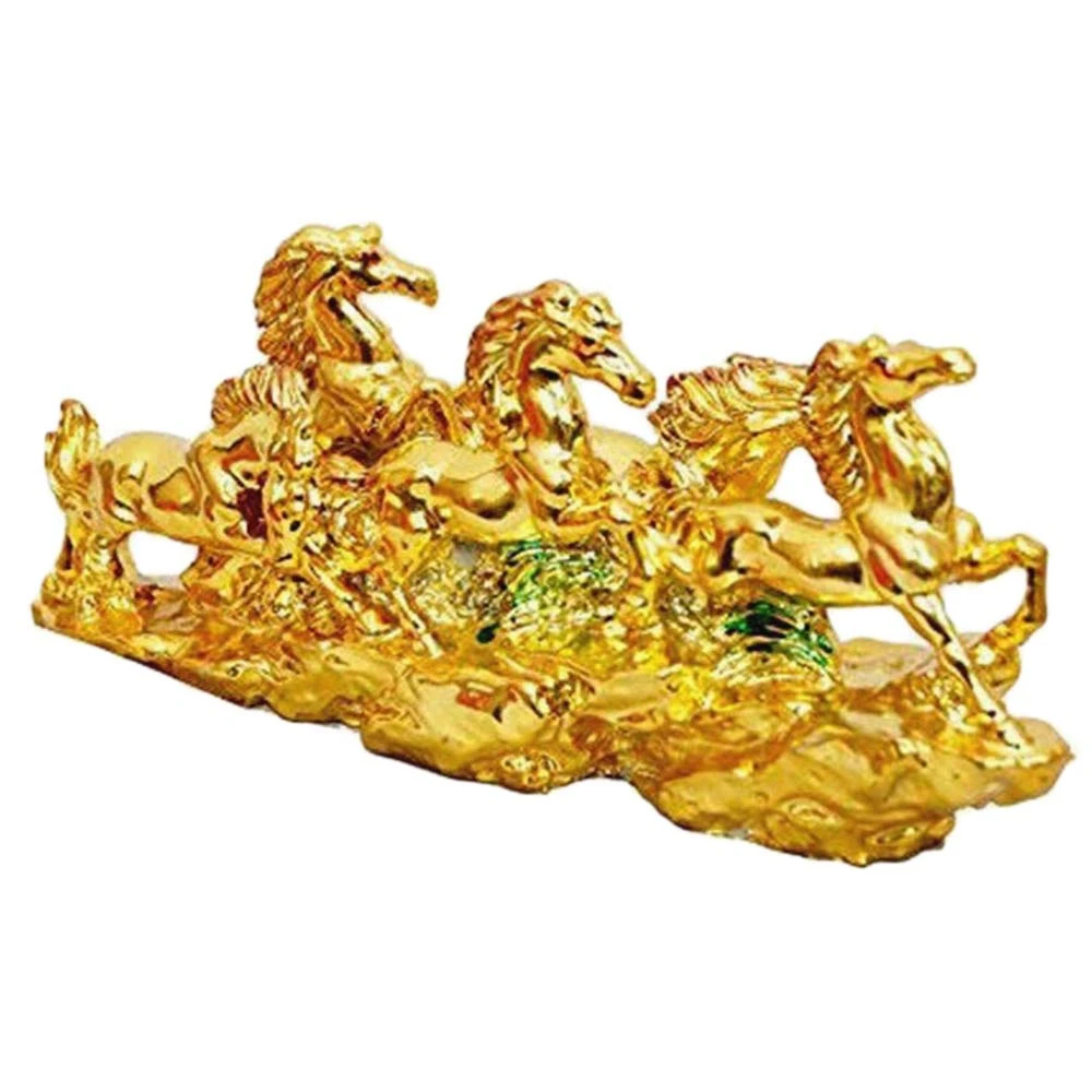 FengShui Golden Five Horse Statue Figurine Home Office Decoration for Good Luck .