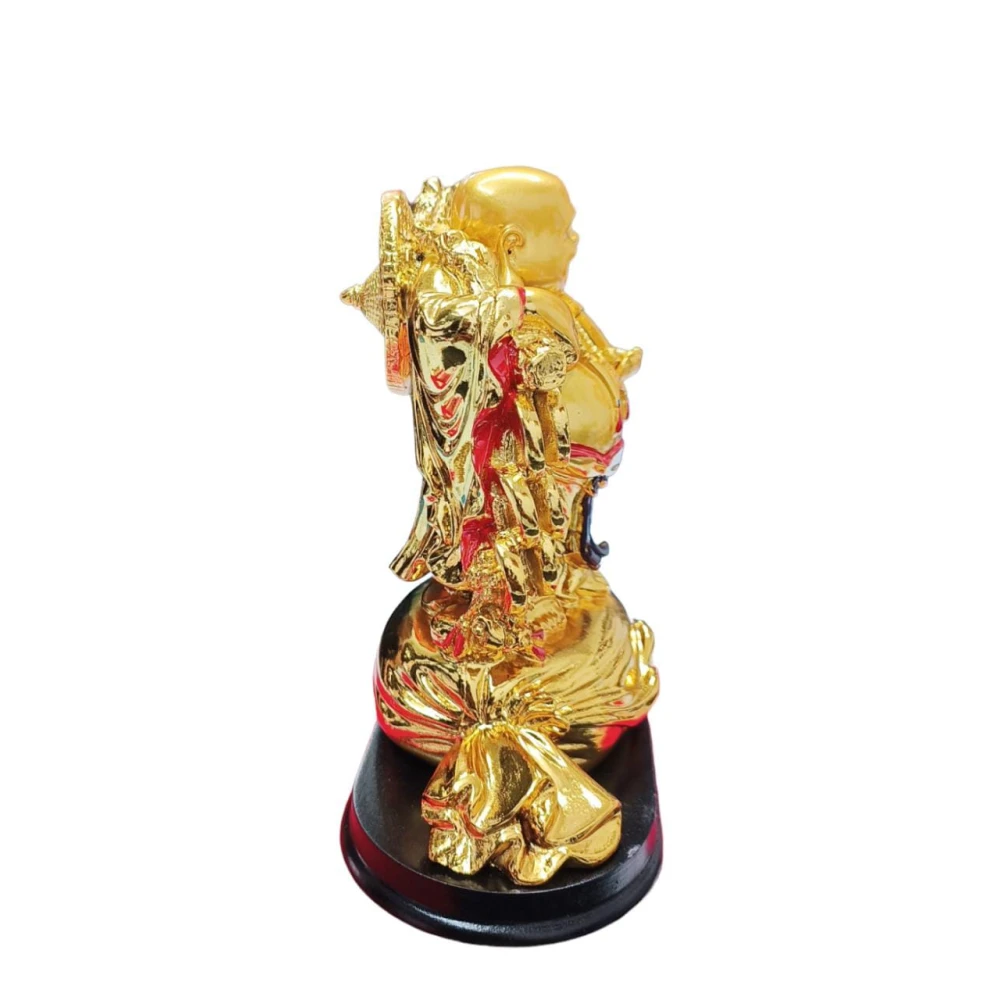 Golden Laughing Buddha on Sack of Gold for good luck. Decorative Showpiece ( 14 x 9 x 18 Cm, Gold).