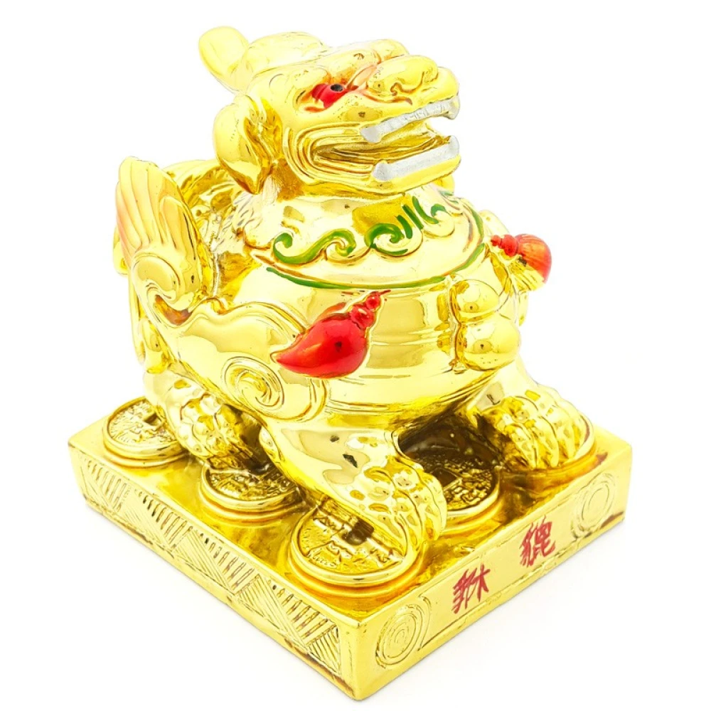 FengShui Polyresin Golden Pixiu Pi Yao Statue Figure-B For Showpiece (4 x 4 x 5 CM) Golden.