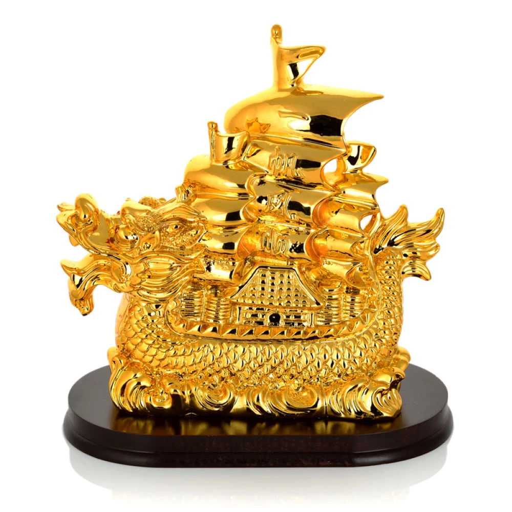 FengShui Golden Lucky Dragon Ship Sailing Boat Statue Home Office Décor.