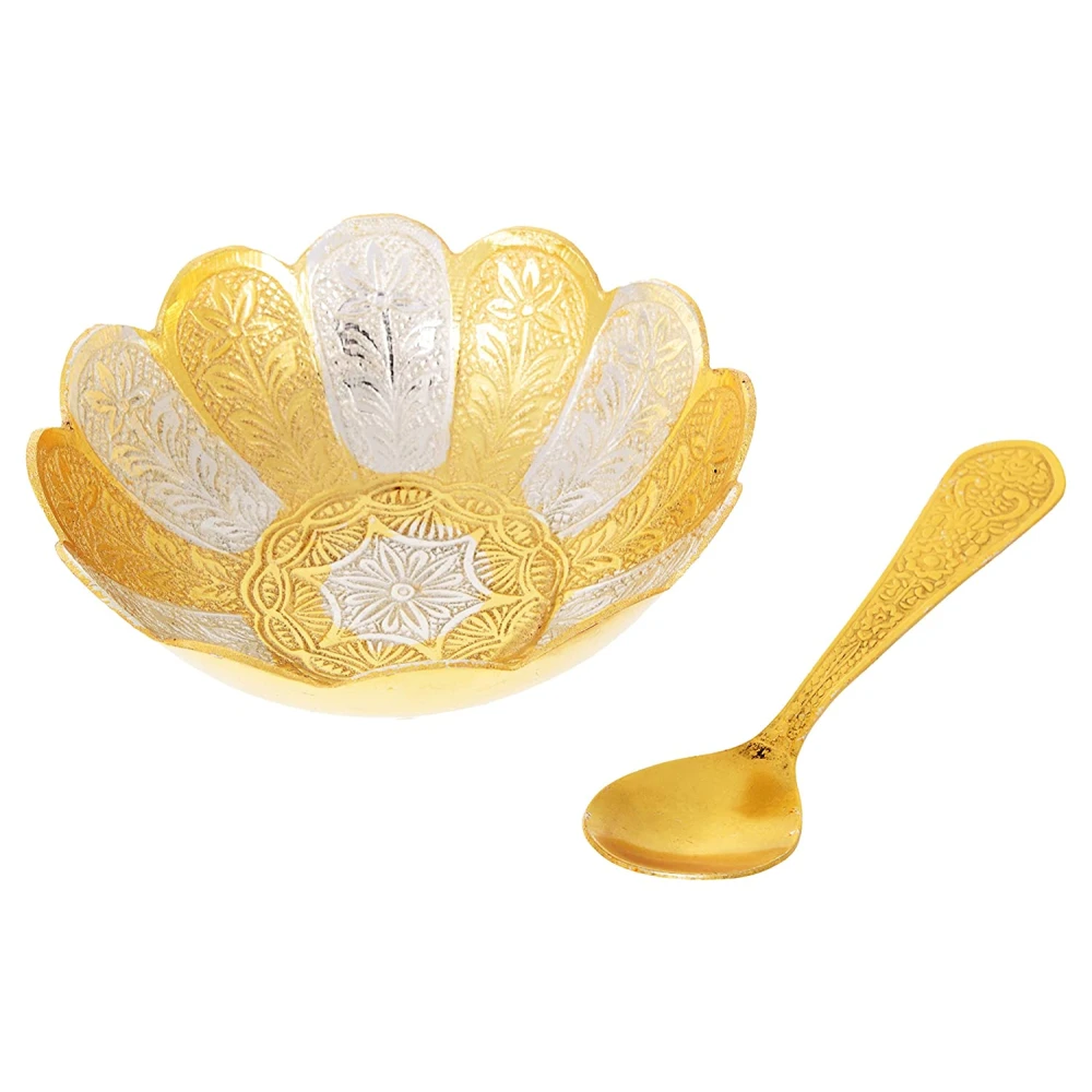 Engraved Zinc Bowl with Spoon Set (11 cm x 11 cm x 4 cm, Golden, Pack of 2.
