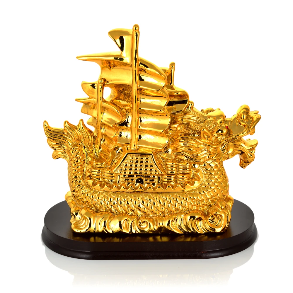 FengShui Golden Lucky Dragon Ship Sailing Boat Statue Home Office Décor.