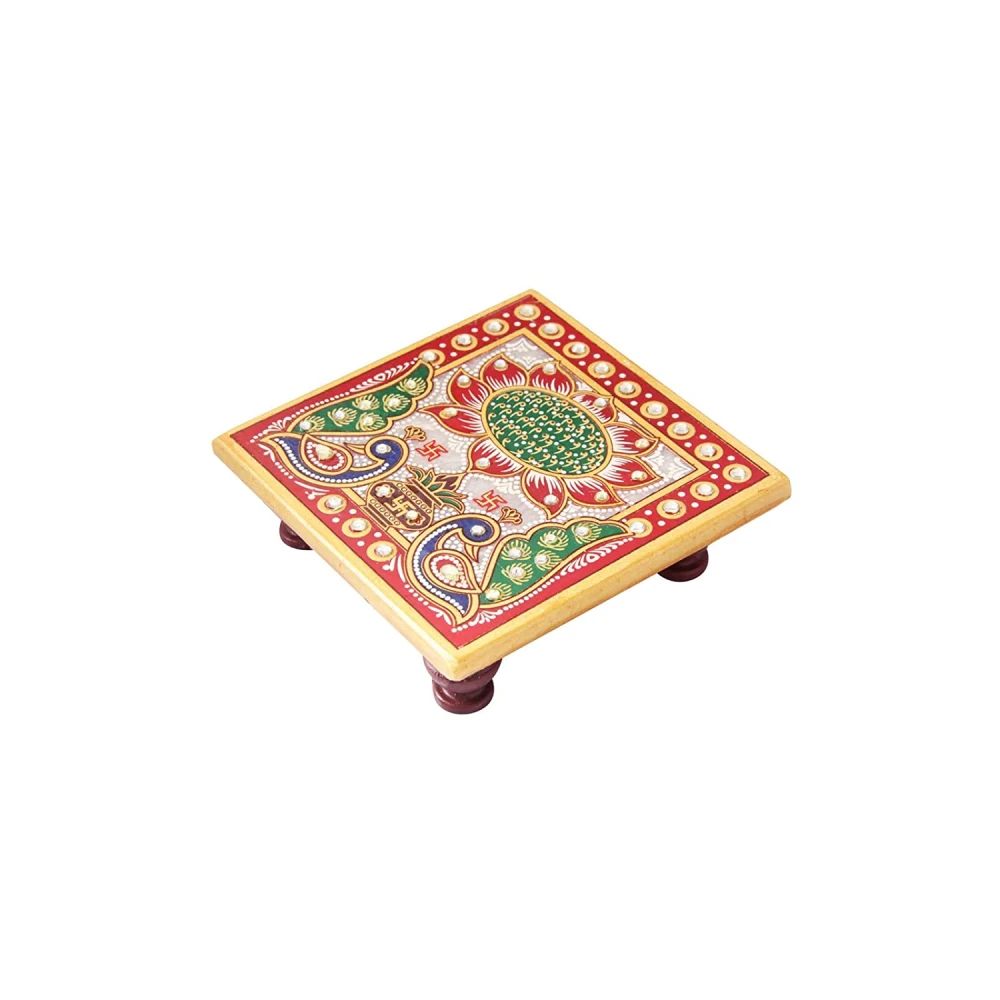 Lotus Painted Marble Chowki (10 x 10 x 2.5 cm)