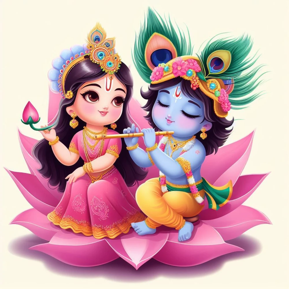 Divine Krishna and Radha with Flute Poster | 15x17 Inches"