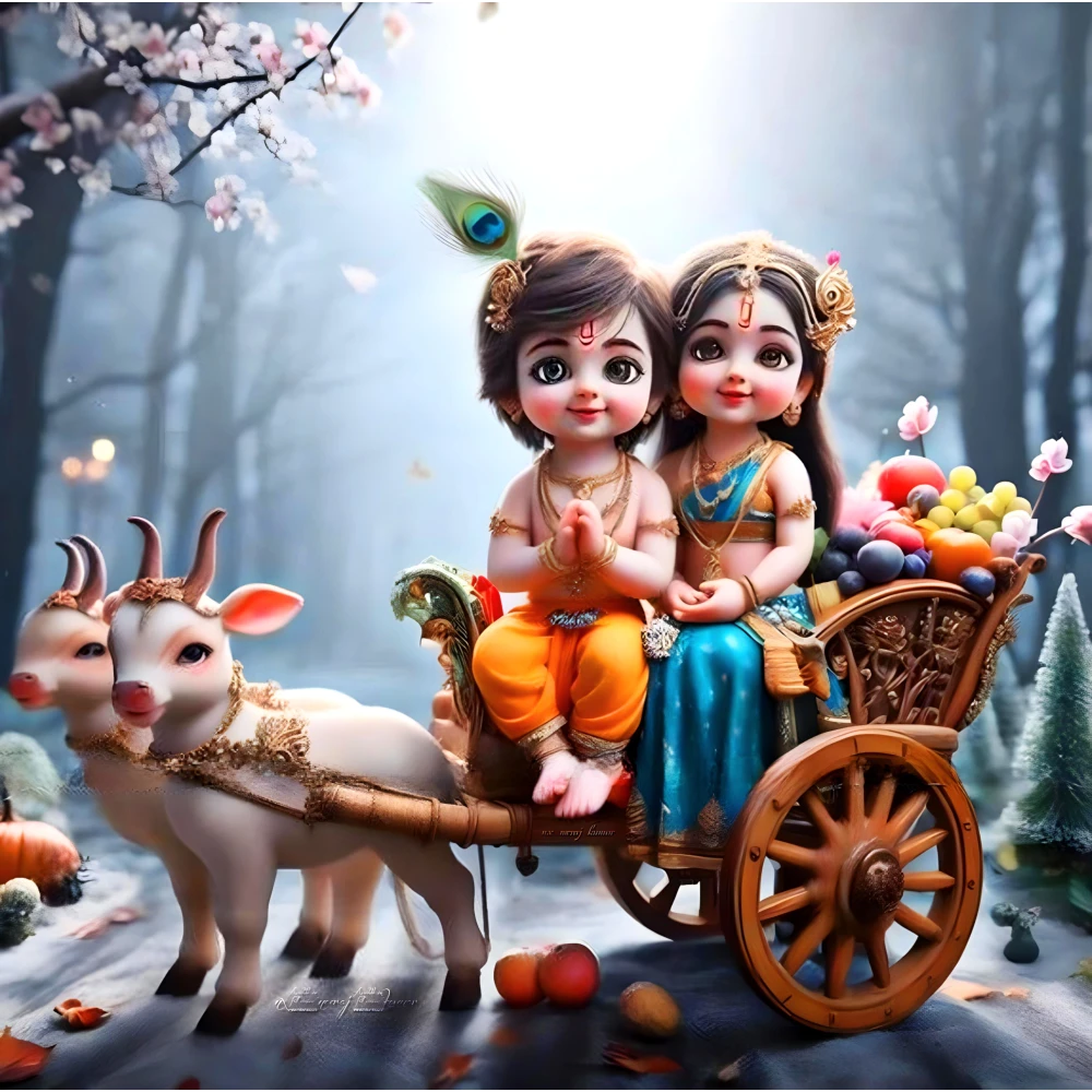 Flute Krishna and Radha in Moonlight Poster | 15x17 Inches"