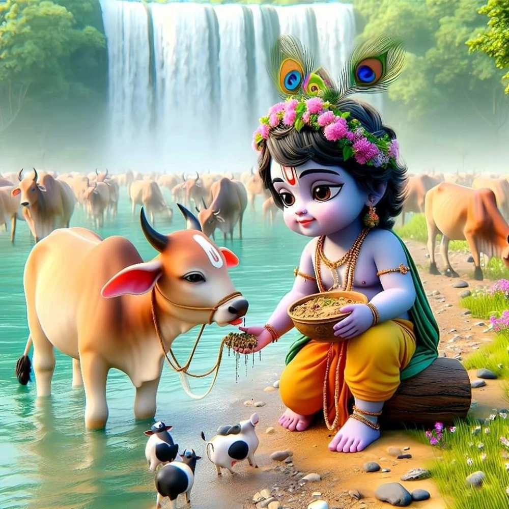 Krishna with Cow: Protector of Dharma Poster | 15x17 Inches"