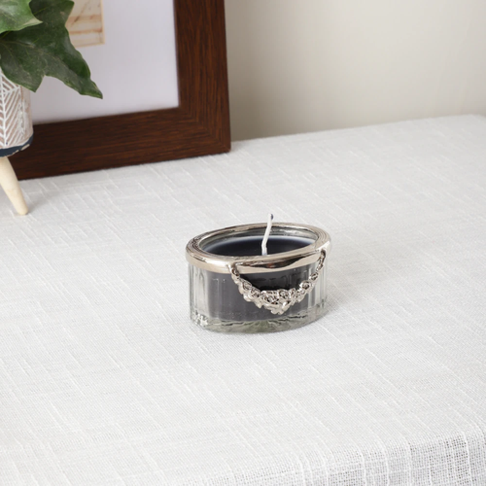 snowy whisper white scented candle jar with silver Ring