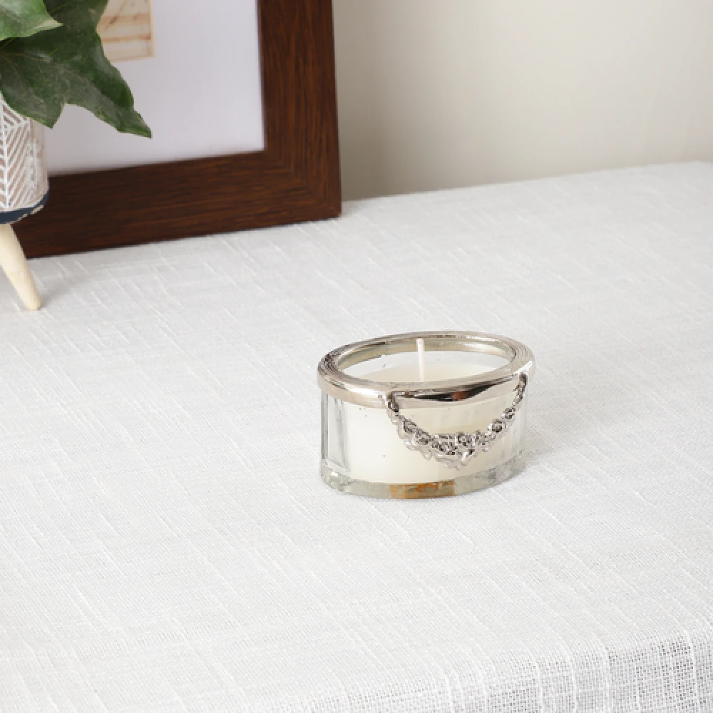 snowy whisper white scented candle jar with silver Ring