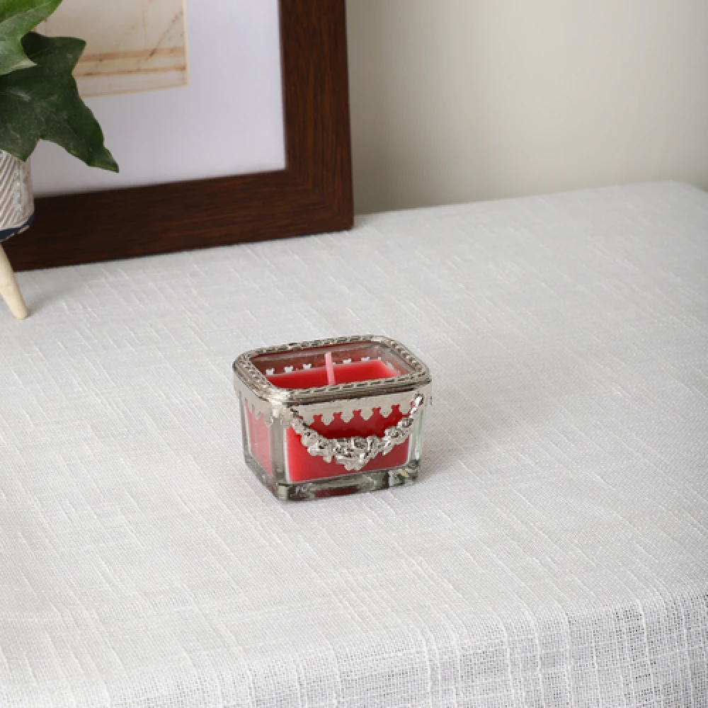 snowy whisper white scented candle glass jar with silver Ring