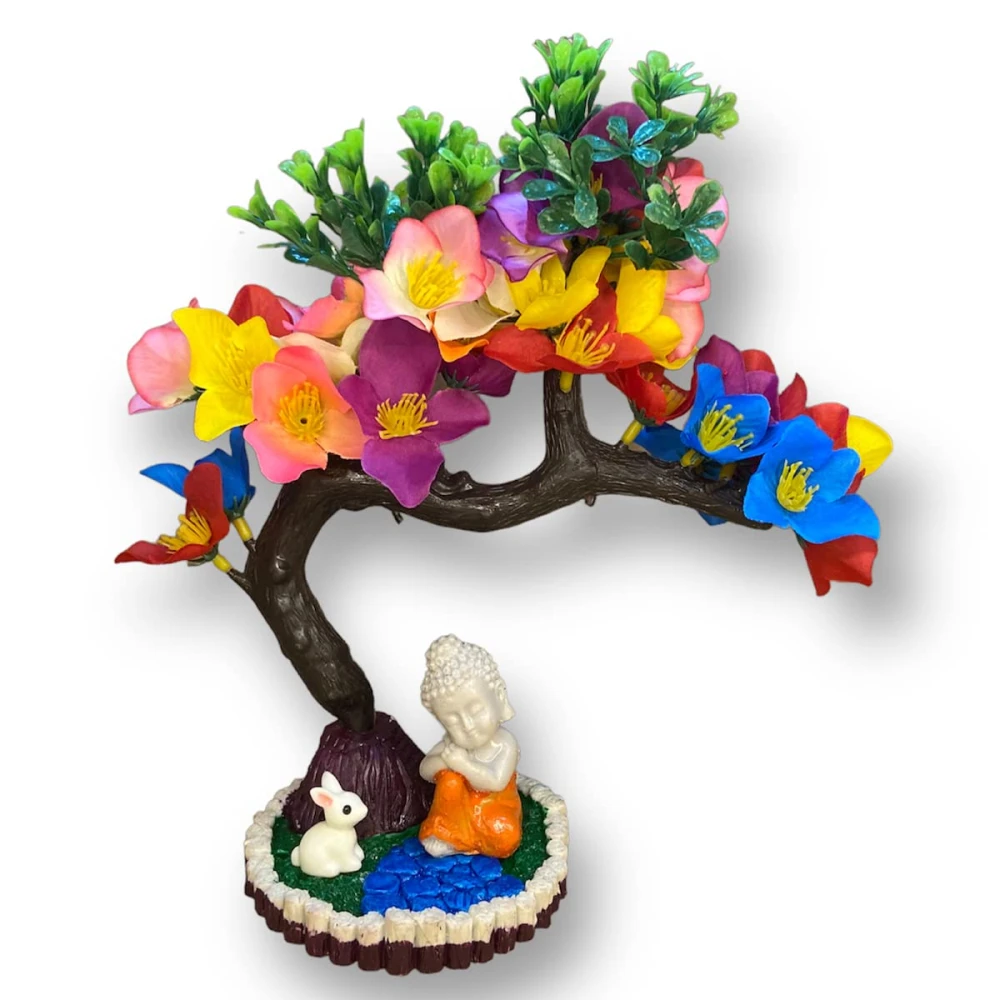 GOLDFISH1 Artificial Plants (Buddha, Rabbit) with Vibrant Flowers in Decorative Pot.