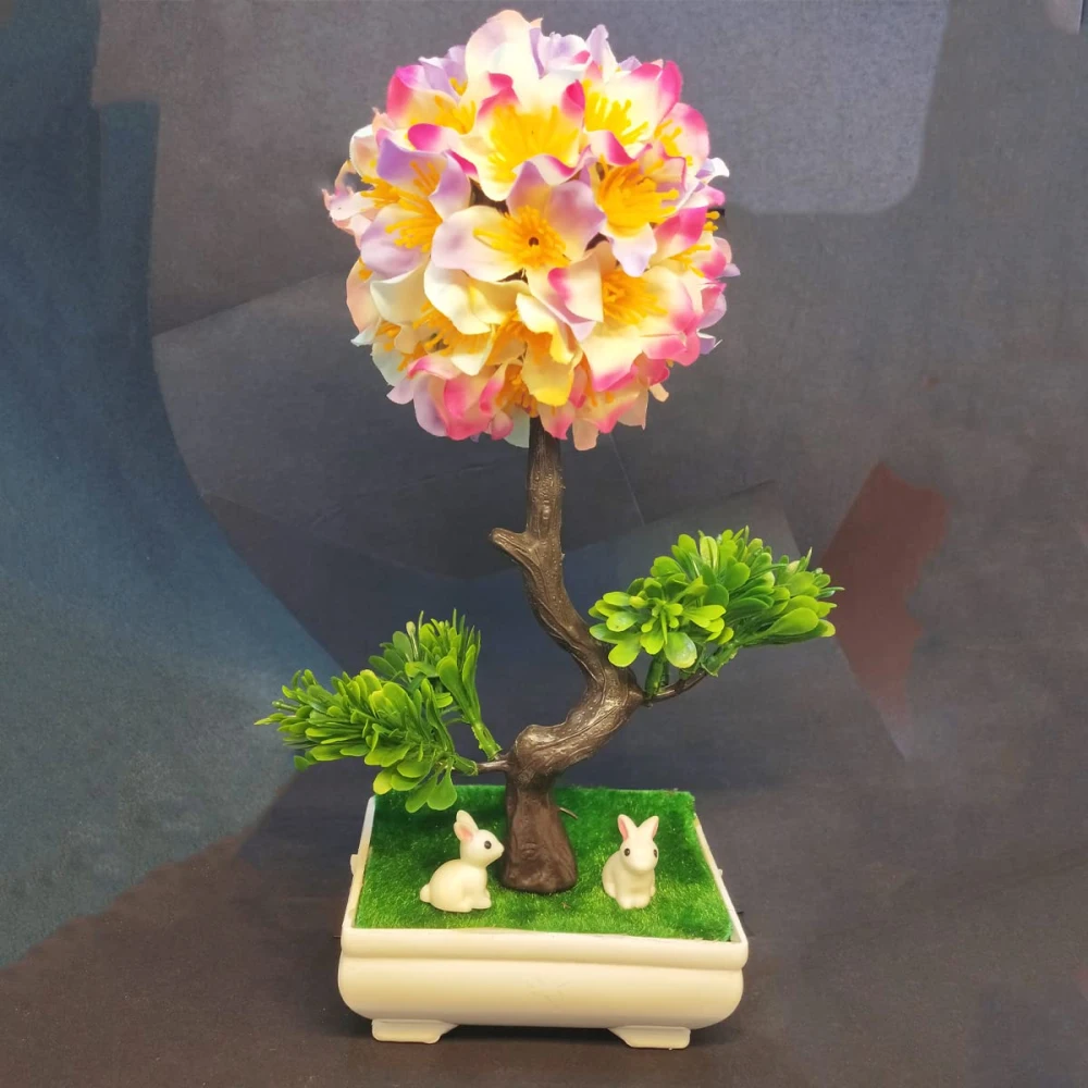 GOLDFISH1 Artificial Multi Color Flower Bonsai Plant and 2 Rabbits.