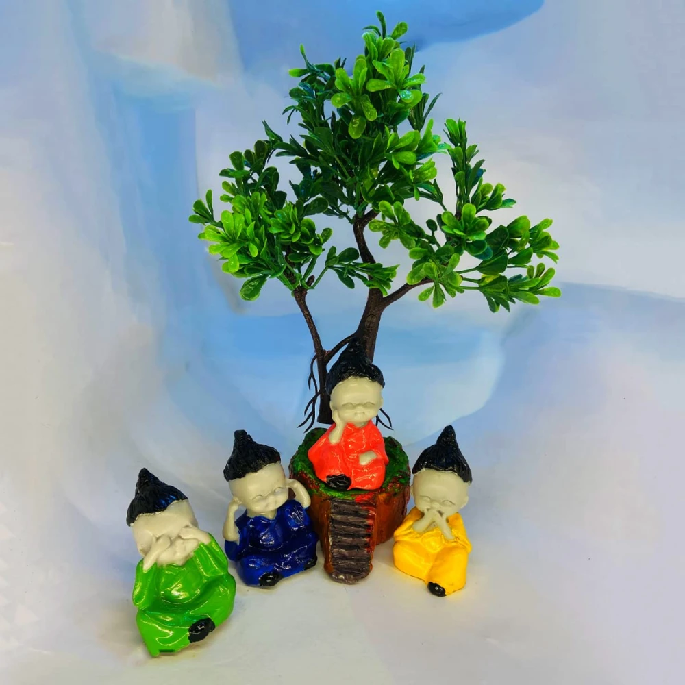 Little Buddha Figurines Under a Sacred Tree – Spiritual Home Decor
