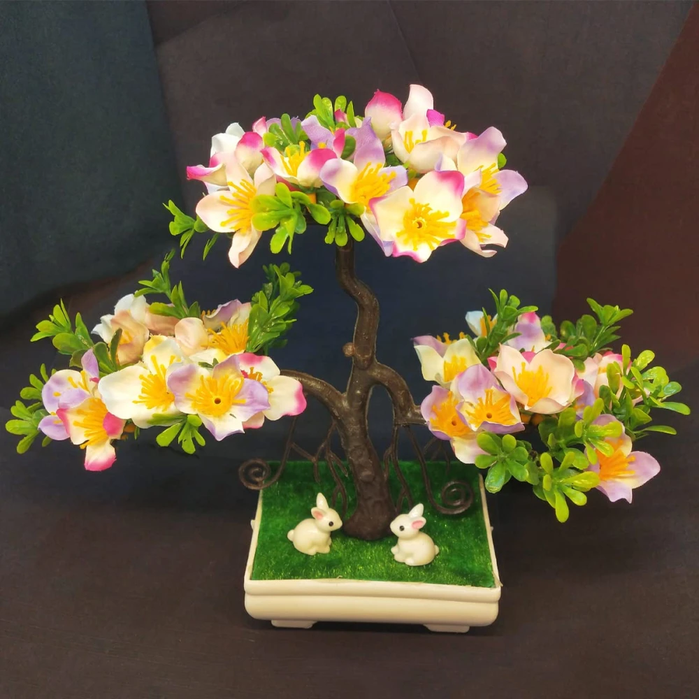 GOLDFISH1 Artificial Multi Color Flower Bonsai Plant (2 Rabbits)