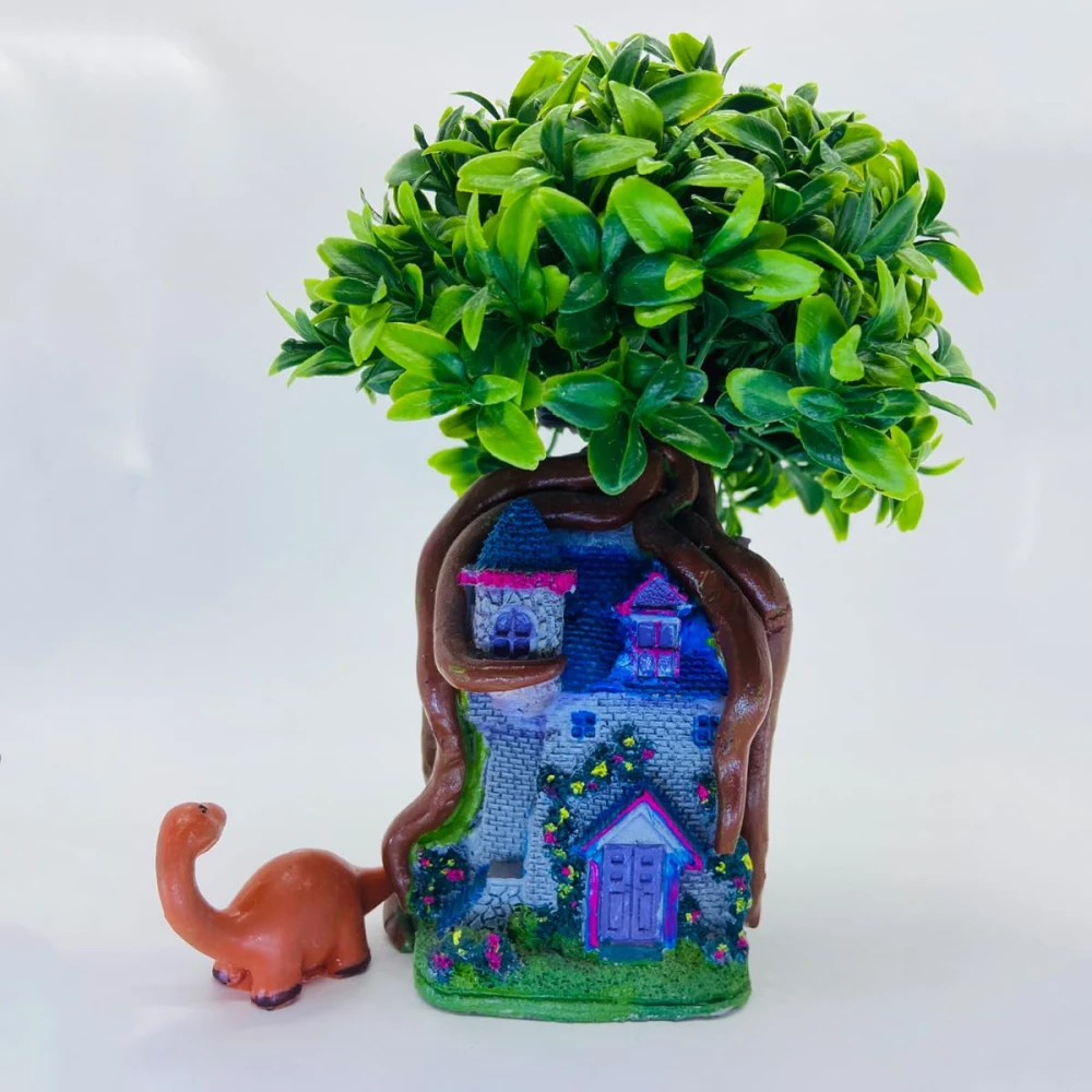 Tree Big House with Dinosaur – Enchanting Miniature Treehouse with Dinosaur Figurine for Home & Garden Decor.