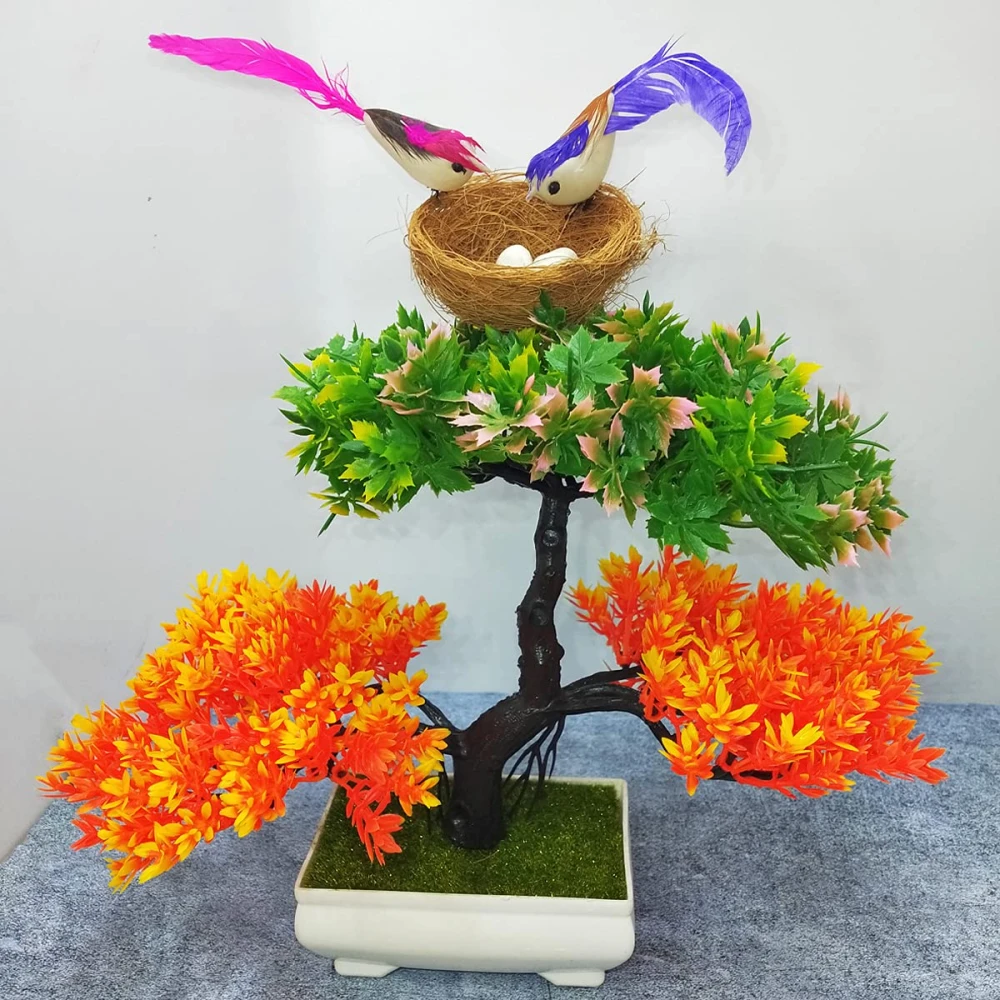 Artificial Bonsai Orange Plant with Pot and Birds, Nest