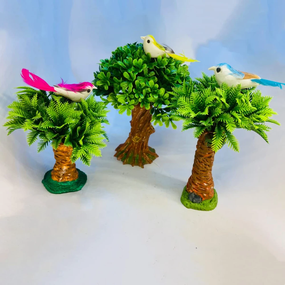 Miniature Trees with Tiny Birds – Adorable Decorative Set for Home & Garden