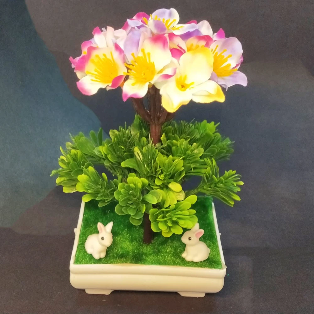 GOLDFISH1 Artificial Multi Color Flower Bonsai Plant and Rabbits.