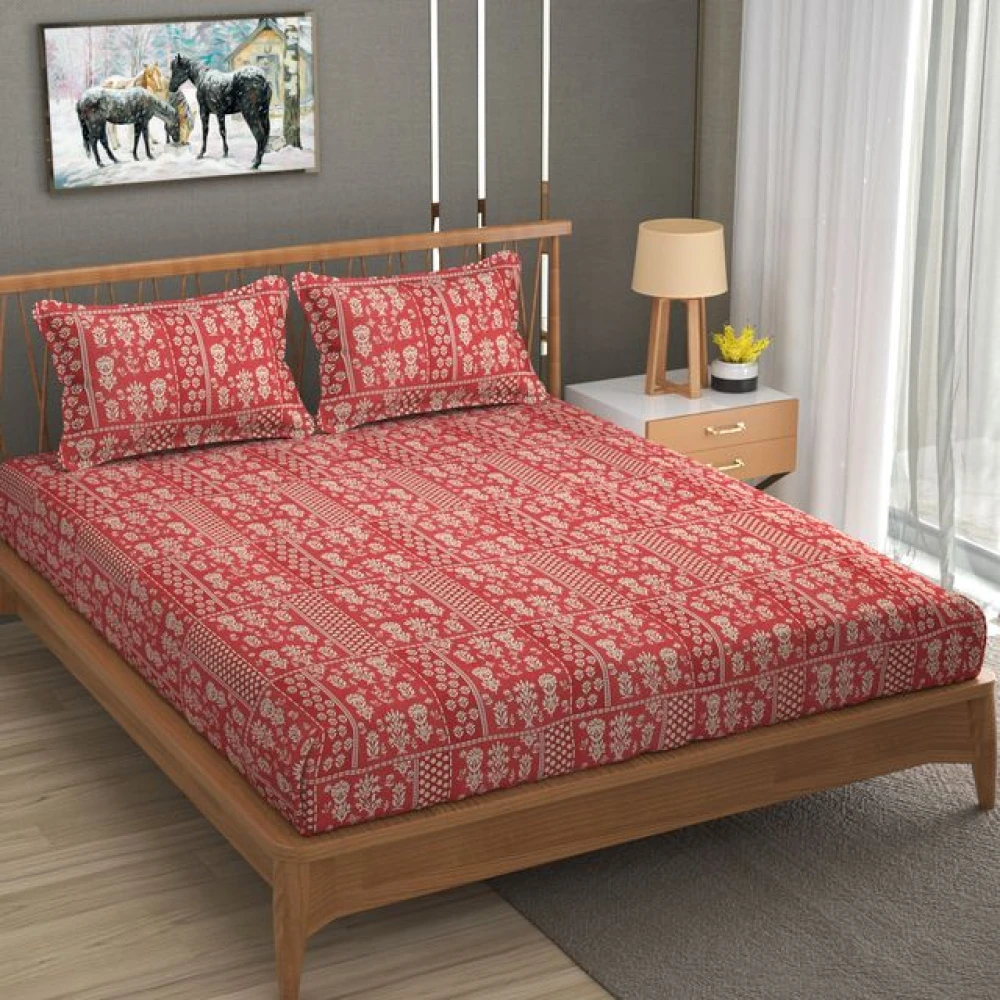 Breathable Double Bed Glace Cotton Bedsheet Set with 2 Pillow Covers