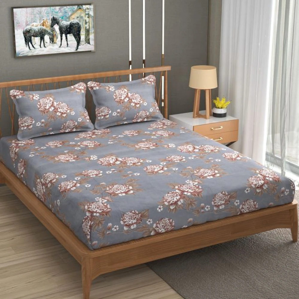 Comfort Glace Cotton Fitted Bedsheet for Double Bed with 2 Pillow Covers