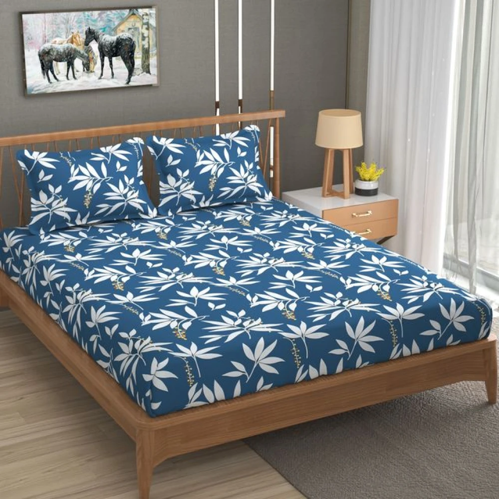 Soft Glace Cotton Fitted Sheet for Double Bed with Two Pillow Covers