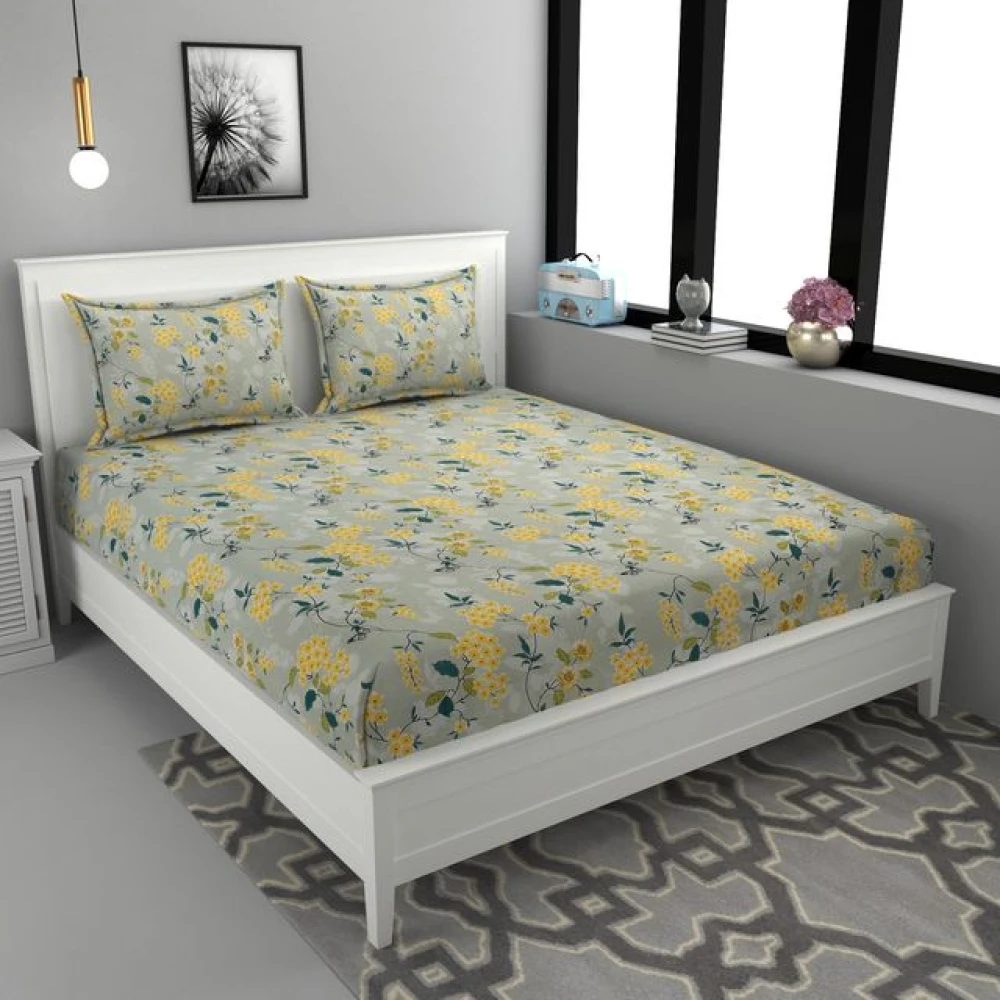 Soft Touch Glace Cotton Fitted Double Bed Sheet with 2 Pillow Covers