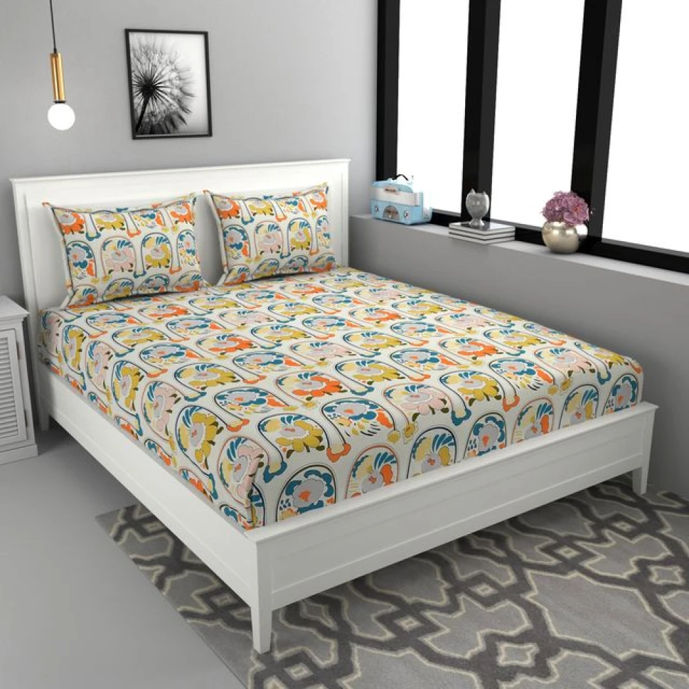 Glace Cotton Double Size Fitted Bedsheet with 2 Pillow Covers