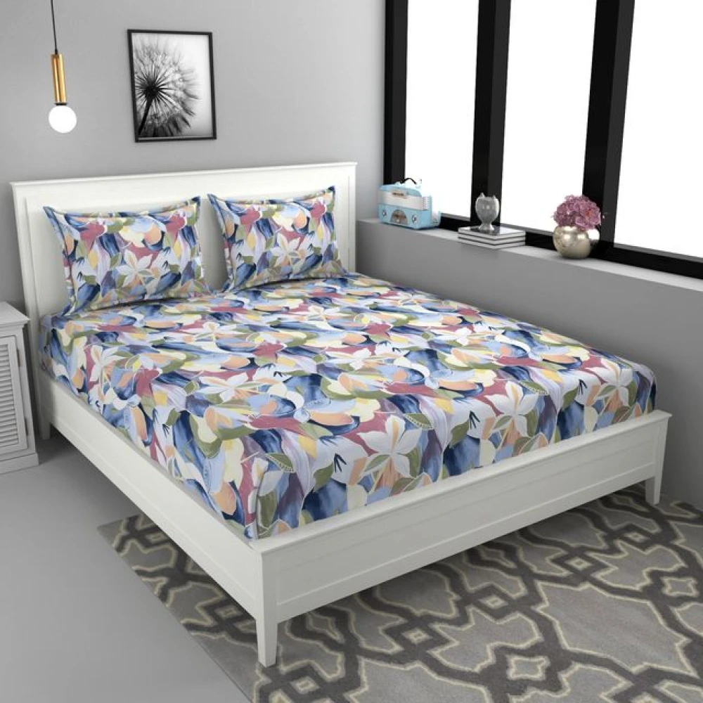 Elegant Glace Cotton Fitted Double Bed Bedsheet with Pillow Covers