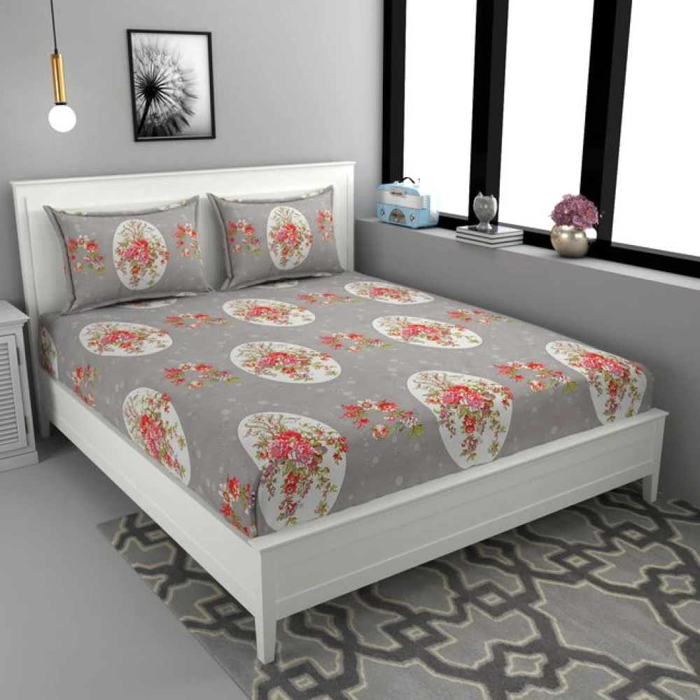 Durable Glace Cotton Double Bed Sheet Set with 2 Pillow Covers