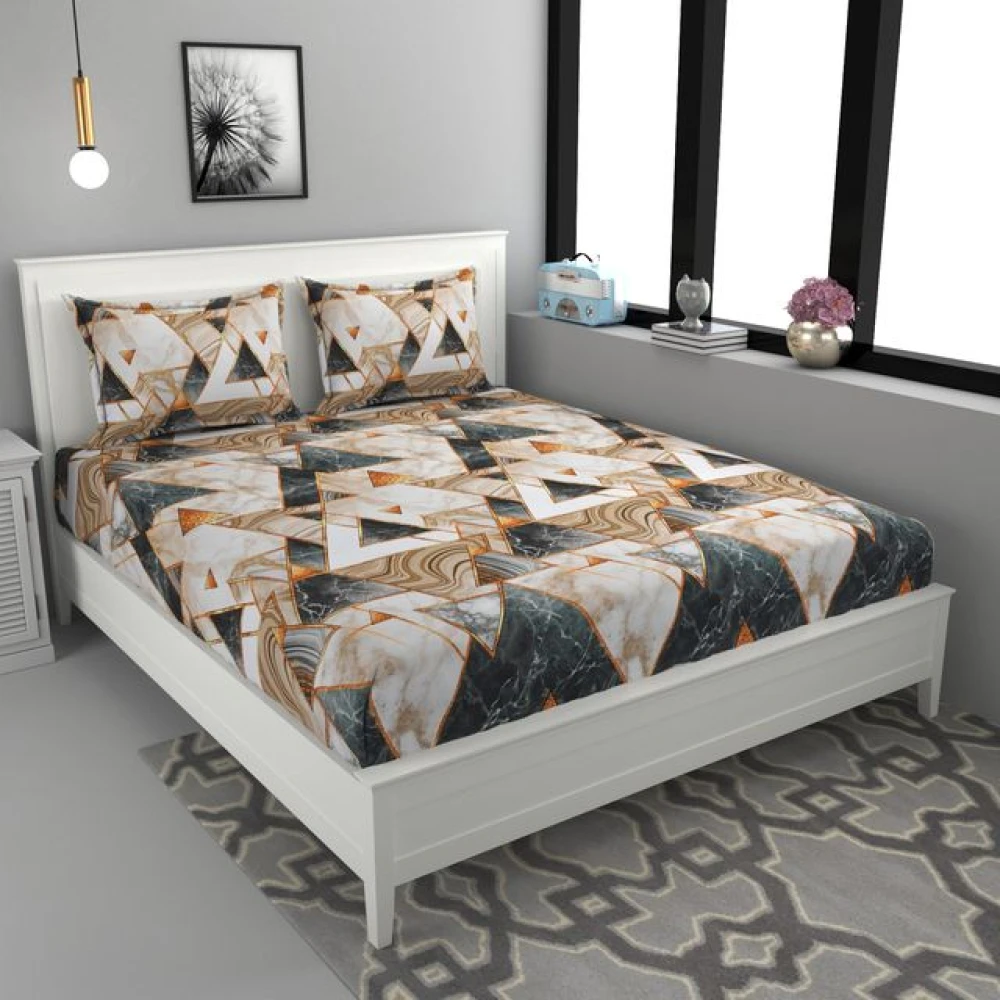 Printed Glace Cotton Fitted Bedsheet for Double Bed with Pillow Covers