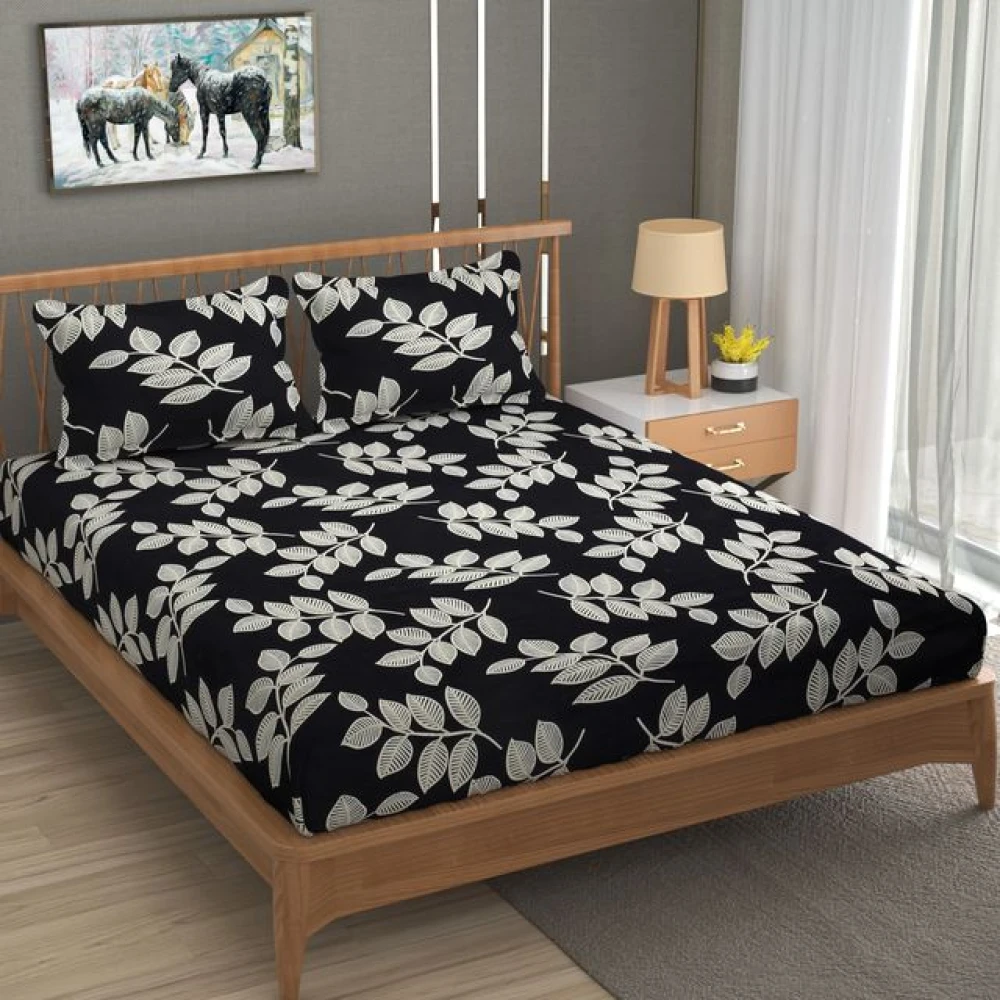 Glace Cotton Fitted Bedsheet for Double Bed with 2 Pillow Covers