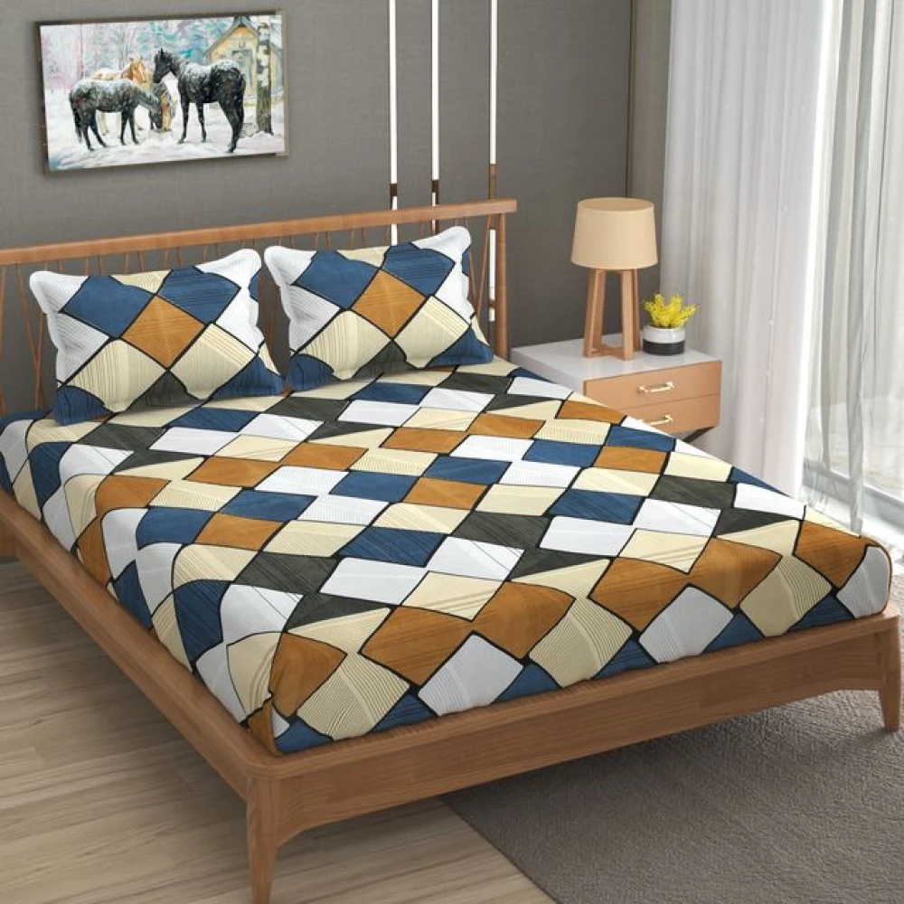 Designer Glace Cotton Fitted Sheet for Double Bed with Pillow Covers