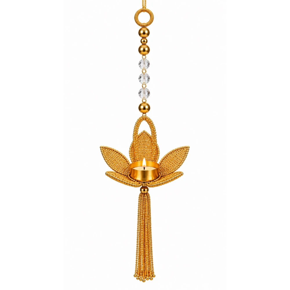 VOIDROP Gold Lotus Tealight Candle Holder Hanging, Metal and Crystal Beads, Traditional Indian Urli/Diya for Diwali Decoration, Living Room Wall Decor, Set of 1