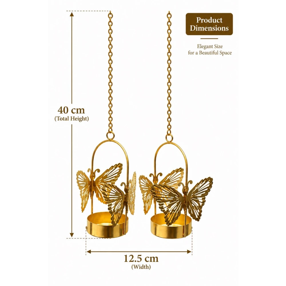 VOIDROP Set of 4 Elegant Gold Butterfly Hanging Tealight Candle Holders | Metal Cutout Butterfly Votive Stand Set for Diwali, Home Decor, Living Room Centerpiece, Festival Gifting