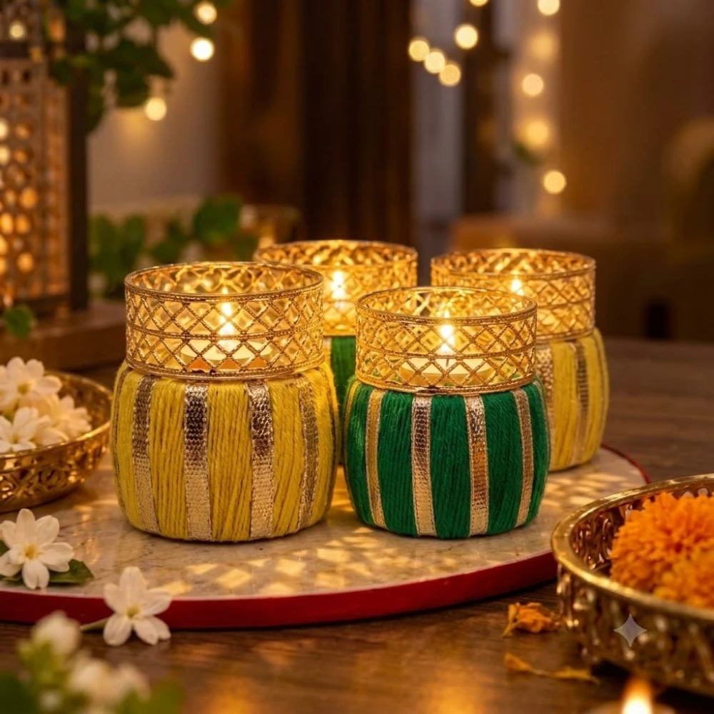VOIDROP Bangle Tealight Holder Set of 2 (4 Pieces), Cowrie Shell Decorative Diya Holder with Colorful Thread Work, Traditional Indian Home Decor for Diwali, Pooja & Festive Decoration
