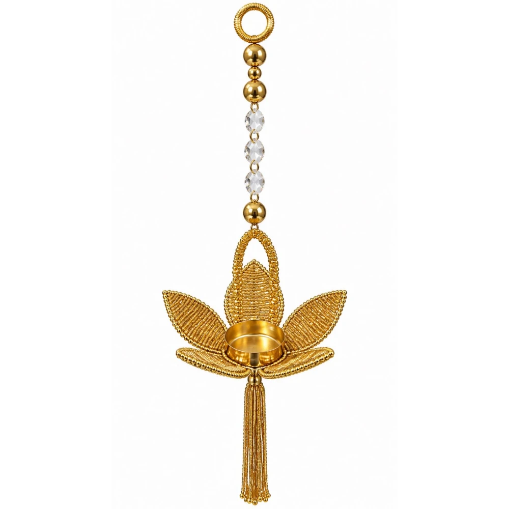 VOIDROP Gold Lotus Tealight Candle Holder Hanging, Metal and Crystal Beads, Traditional Indian Urli/Diya for Diwali Decoration, Living Room Wall Decor, Set of 1