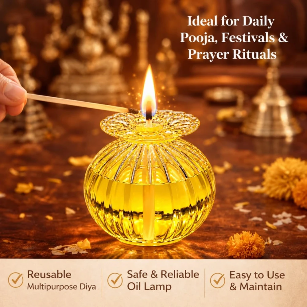 VOIDROP Glass Diya Oil Lamp for Pooja, Decorative Diya for Home Temple, Reusable Akhand Diya for Diwali, Festivals & Daily Prayer, Transparent Glass Diya with Wick Holder Pack of 1