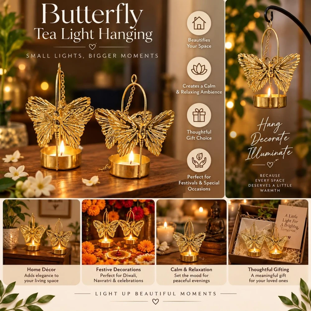 VOIDROP Set of 4 Elegant Gold Butterfly Hanging Tealight Candle Holders | Metal Cutout Butterfly Votive Stand Set for Diwali, Home Decor, Living Room Centerpiece, Festival Gifting