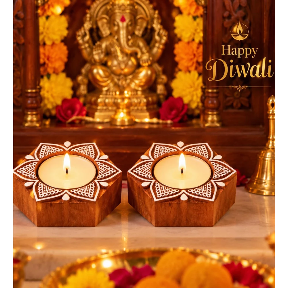 Wooden Tealight Candle Holder Diya Set of 2, Lotus Design Decorative Candle Stand for Home Décor, Diwali, Pooja, Festive Decoration & Gifting