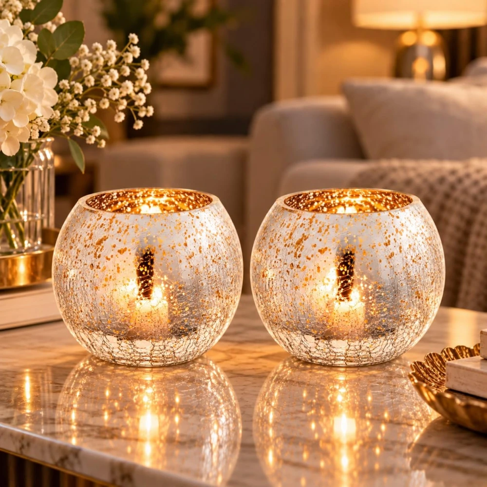 VOIDROP Silver Fleck Crackle Glass Tealight Candle Holder Set of 2 | Decorative Votive Candle Stand for Home Decor, Tabletop & Festive Decoration