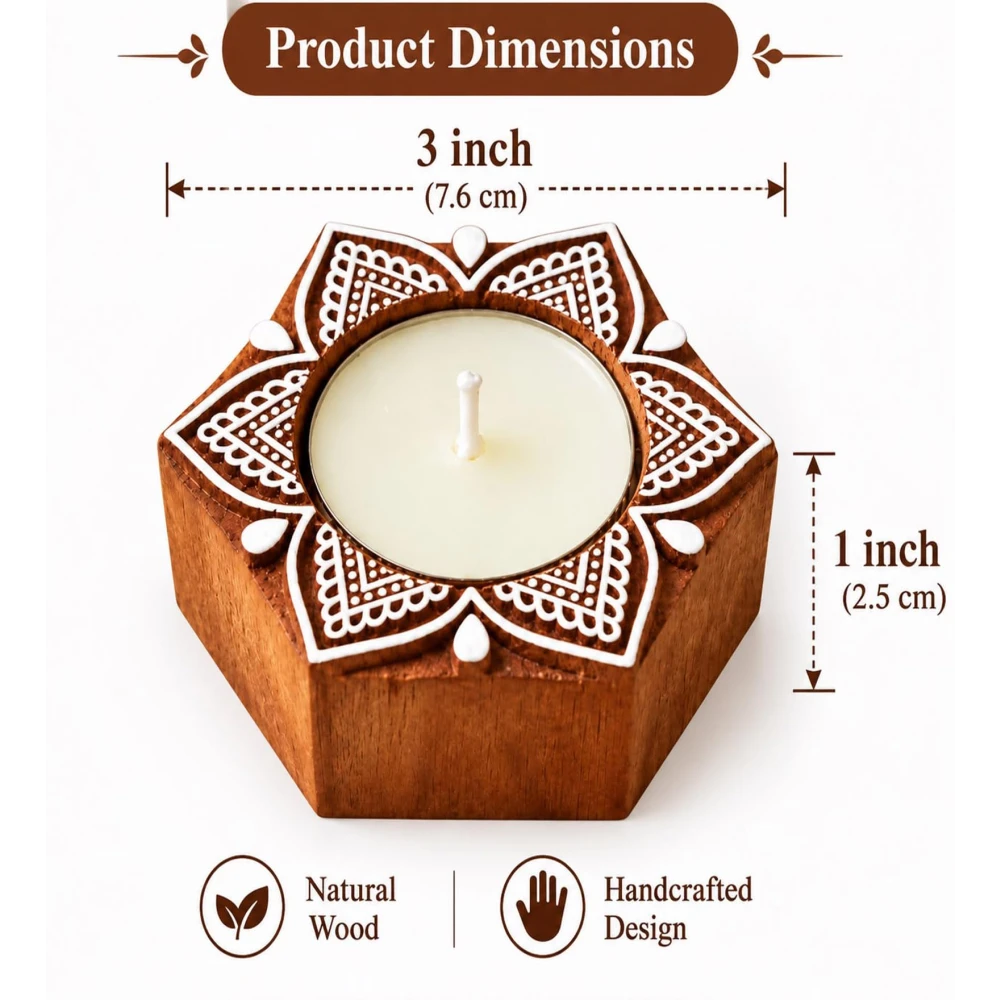 Wooden Tealight Candle Holder Diya Set of 2, Lotus Design Decorative Candle Stand for Home Décor, Diwali, Pooja, Festive Decoration & Gifting