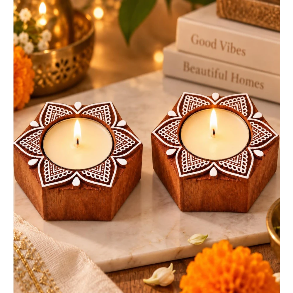 Wooden Tealight Candle Holder Diya Set of 2, Lotus Design Decorative Candle Stand for Home Décor, Diwali, Pooja, Festive Decoration & Gifting
