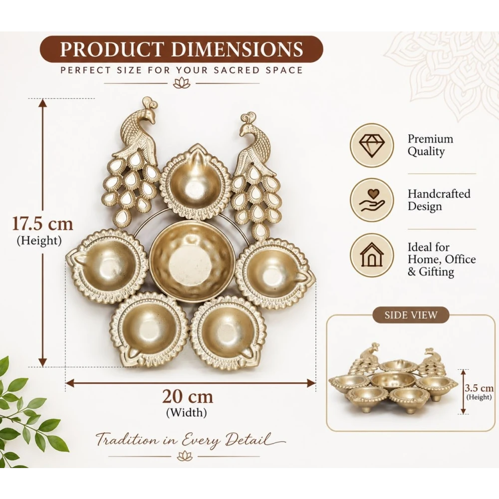 VOIDROP Brass Peacock Diya Set for Home Decor, Traditional 6 Diya Stand for Pooja, Diwali & Festivals, Decorative Brass Oil Lamp for Living Room, Temple & Gifting (Pack of 2)